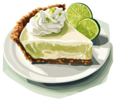 A slice of key lime pie with whipped cream and lime wedges. png