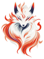 A stylized illustration of a mythical white fox with vibrant red and orange fur. png