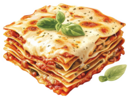 A delectable slice of layered lasagna, topped with melted cheese and fresh basil. png