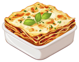 A colorful illustration of a hearty lasagna dish in a container. png
