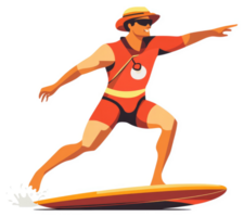 A lifeguard in action, confidently pointing towards the horizon while surfing. png