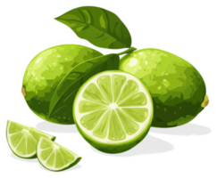 Fresh limes with leaves and slices, a vibrant display of citrus fruit. png