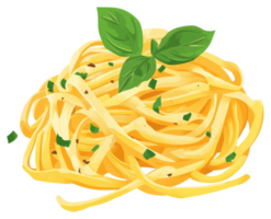 A heap of golden pasta with fresh basil and herbs. png