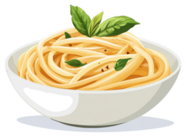 A bowl of creamy spaghetti with fresh basil garnish. png