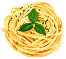 A vibrant image of a nest of golden spaghetti topped with fresh basil. png