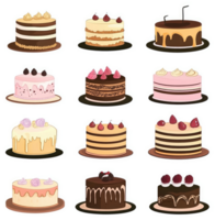 Nine assorted layered cakes with various toppings and frosting. png