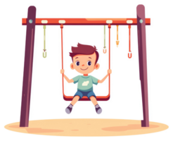 A boy happily swings on a playground swing set. png