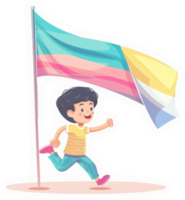 A joyful child runs towards a colorful flag. png
