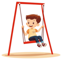 A happy boy swinging joyfully on a red metal swing set. png
