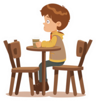 A boy sits at a cafe table, enjoying a drink. png