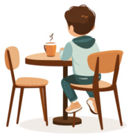 A young person seated alone at a cafe table enjoying a beverage. png