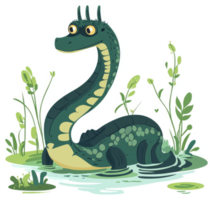 A cartoon illustration of a plesiosaur in a swampy environment. png