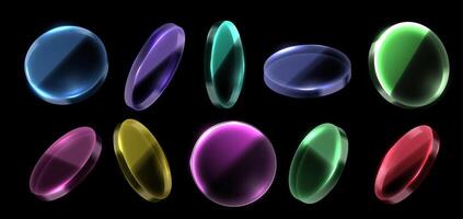 Color glass discs. Tinted lens, colorful transparent circle and toned glass plate. Optical elements with transparency and light refraction effect 3D isolated set vector