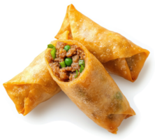 Crispy spring rolls filled with savory minced meat and peas. png