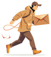 A delivery person in a tan coat running with a package. png