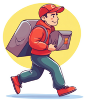 A cheerful delivery person in a red uniform carrying a package. png