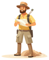 A bearded explorer studies a map, ready for adventure. png