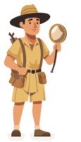 A cheerful explorer, equipped for adventure, holding a magnifying glass. png