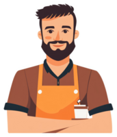 A smiling barista wearing an apron and holding a coffee cup. png