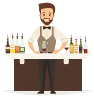 A friendly bartender stands behind a bar stocked with various liquors. png