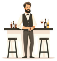 A bearded bartender stands behind a bar, ready to serve. png