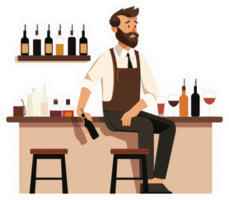 A bartender at a bar with various liquors and wines. png