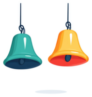 Two colorful hanging bells, one teal and one orange. png