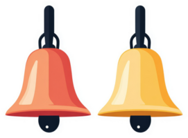 Two colorful bells hanging, one orange and one gold. png