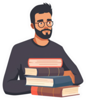A man with glasses and a beard holding a stack of books. png