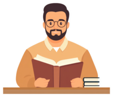 A man with a beard and glasses sits at a table, engrossed in reading an open book. png