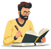 A man with a beard and glasses diligently reads and takes notes from an open book. png