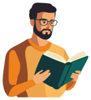 A man in a mustard yellow sweater engrossed in reading an open book. png