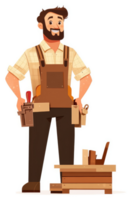 A smiling carpenter stands by a workbench full of tools. png