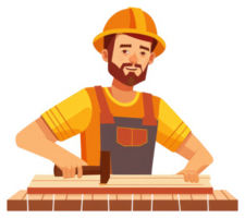 A smiling carpenter in work clothes using a hammer on a wooden plank. png