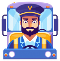A friendly bus driver smiles behind the wheel of a public transit vehicle. png