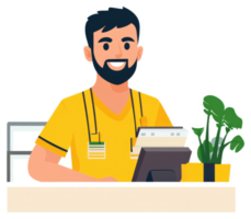 A smiling cashier in a yellow uniform at a store counter. png