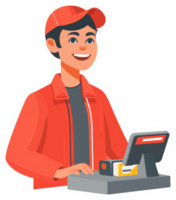 A friendly employee working at a point-of-sale terminal. png