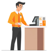 A customer service representative at a store counter, processing documents. png