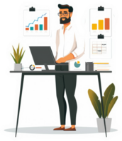 A businessman working on a standing desk, surrounded by charts and graphs. png