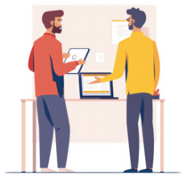 Two colleagues collaborate on data analysis using a tablet and laptop. png