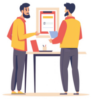 Two colleagues engage in a business discussion at a shared desk. png