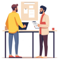 Two colleagues discussing documents at a shared workspace. png