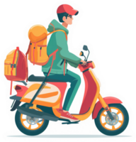 A person riding a scooter with large backpacks. png