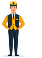 A smiling attendant in a formal yellow and black uniform. png