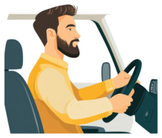 A man with a beard driving a car in profile view. png