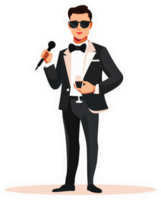 A stylish man in a tuxedo holding a microphone and wine glass. png
