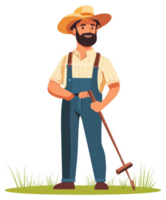 A smiling farmer in overalls stands in a grassy field with a tool. png