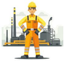 Industrial worker in protective uniform stands guard at a factory complex. png