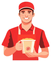 A smiling food service worker in a red uniform holds a takeout container. png