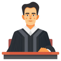 A judge in a formal robe sits at a wooden desk. png